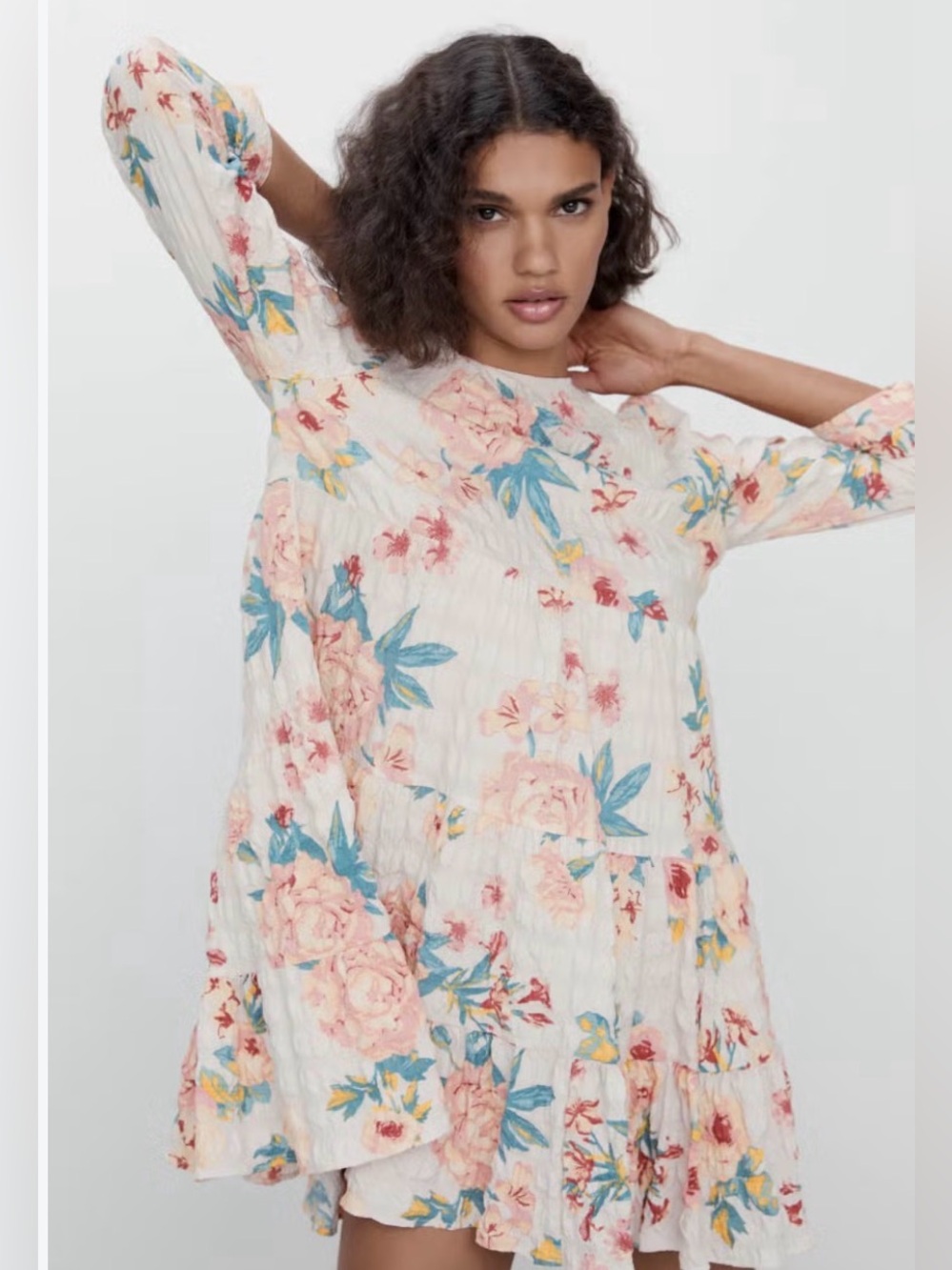 Zara The Sharon Mini Dress Floral Crinkle Babydoll Trapeze Sz S